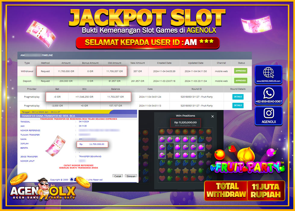 AGENOLX JACKPOT  SLOT FRUIT PARTY  Rp 11.000.000,- LUNAS