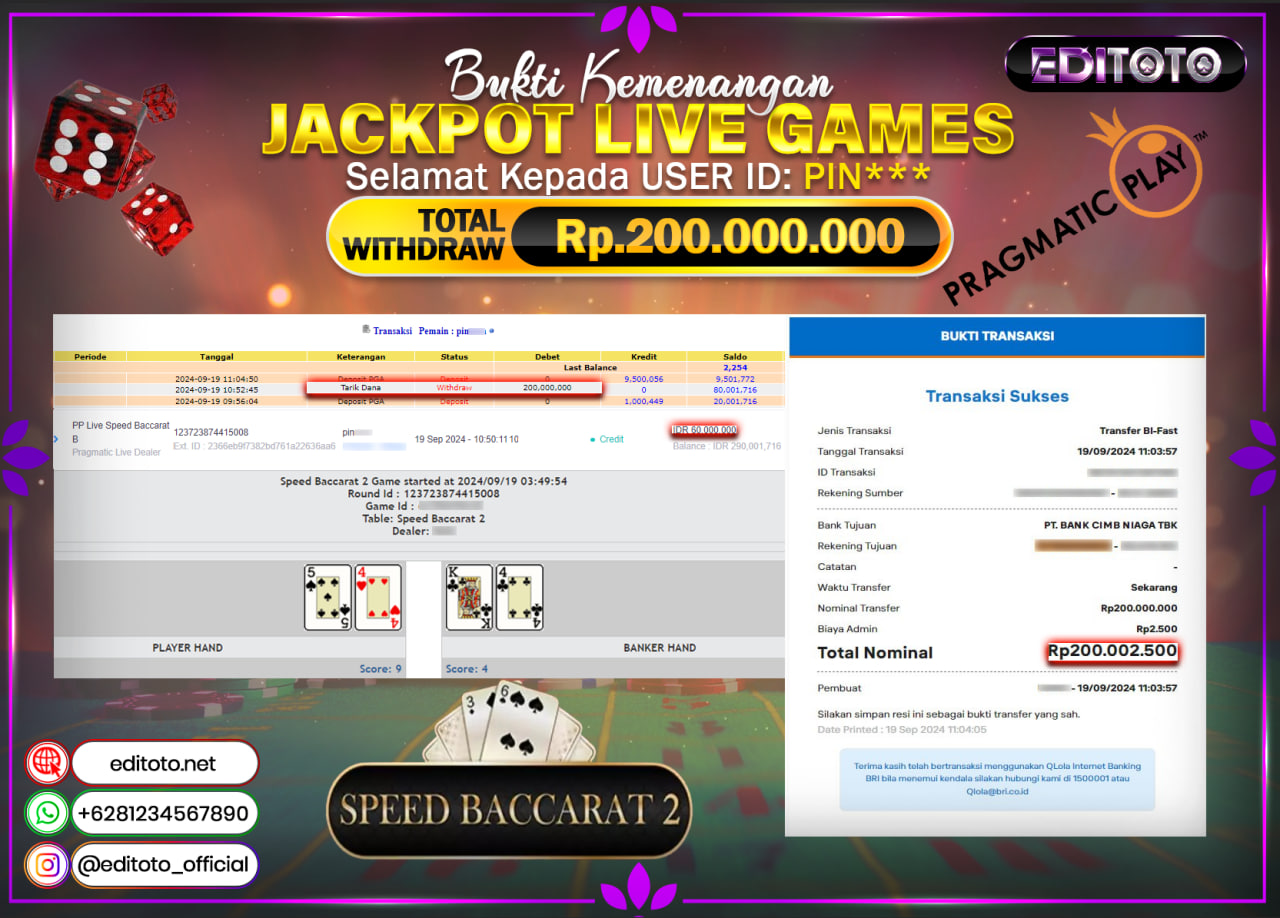 JACKPOT LIVE GAME PRAGMATIC PLAY SPEED BACCARAT 2 Rp.200.000.000.,- LUNAS