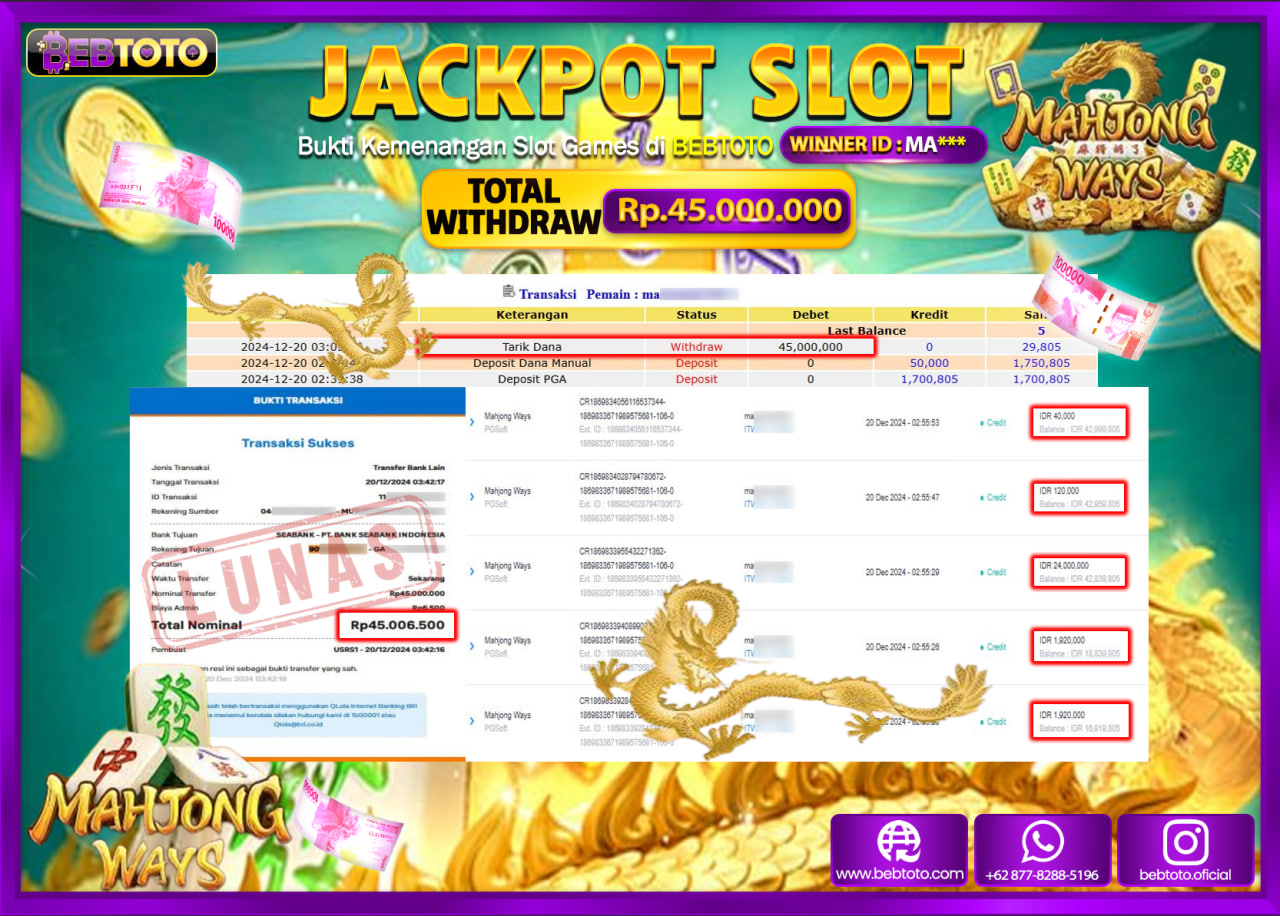 JACKPOT SLOT BEBTOTO MAHJONG WAYS Rp.45.000.000.,- LUNAS