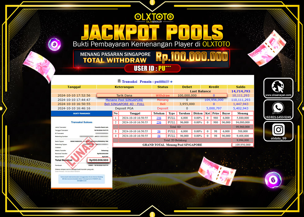 OLXTOTO JACKPOT  TOGEL POOL SINGAPORE Rp.100.000.000.,- LUNAS