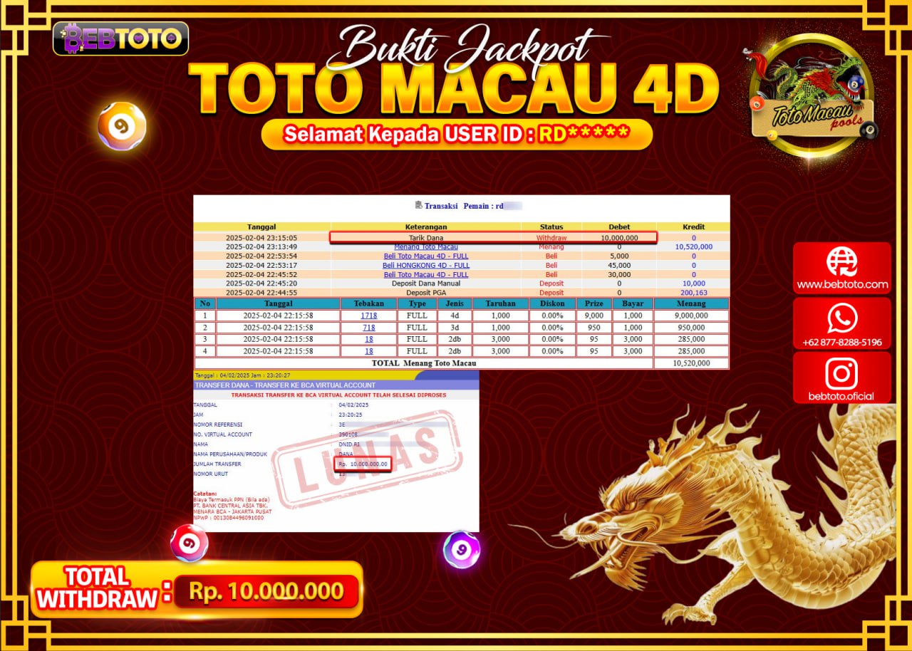 JACKPOT LIVE CASINO BEBTOTO TOTO MACAU 4D Rp.10.000.000.,- LUNAS