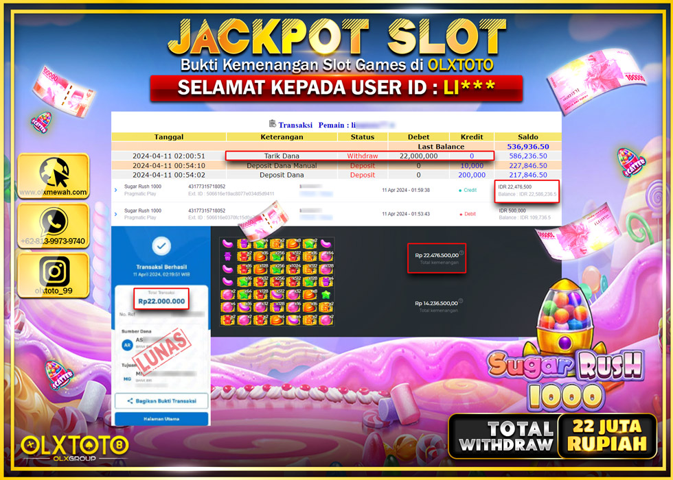 OLXTOTO JACKPOT SLOT SUGAR RUSH 1000 Rp.22.000.000.,- LUNAS