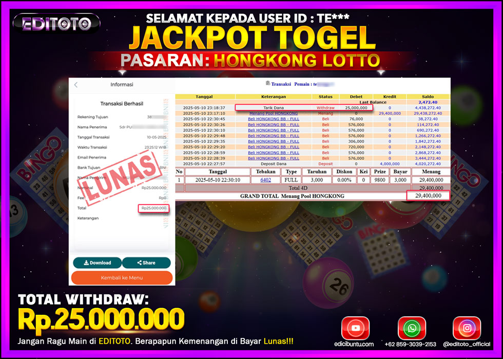 JACKPOT EDITOTO TOGEL HONGKONG LOTTO Rp.29.400.000,- LUNAS