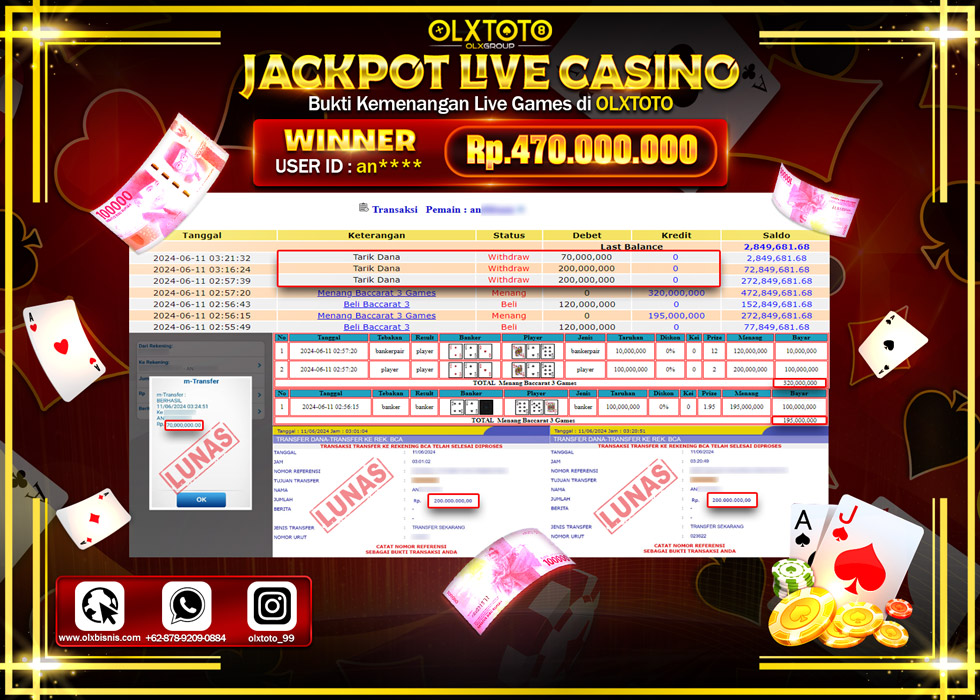 OLXTOTO JACKPOT LIVE GAMES BACCARAT 3   Rp.470.000.000.,- LUNAS