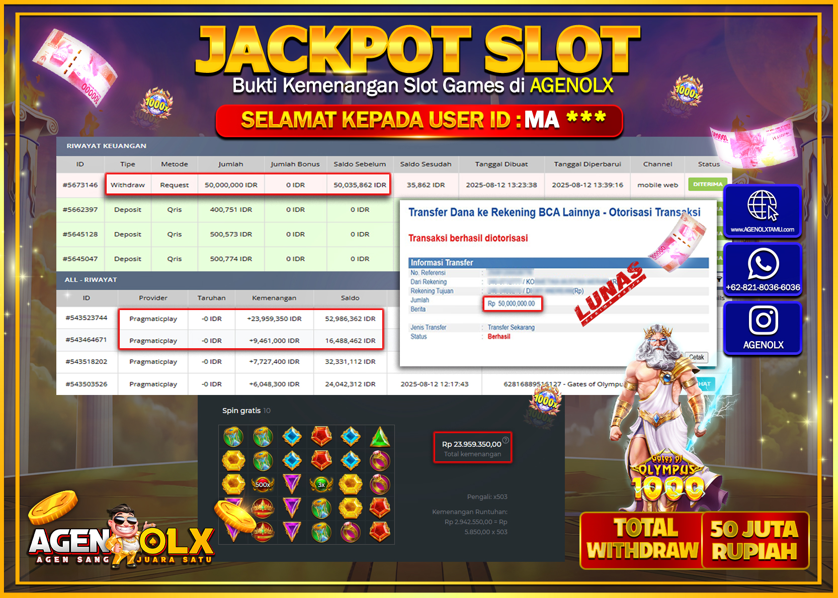 AGENOLX JACKPOT SLOT GATES OF OLYMPUS 1000  Rp 50.000.000,- LUNAS