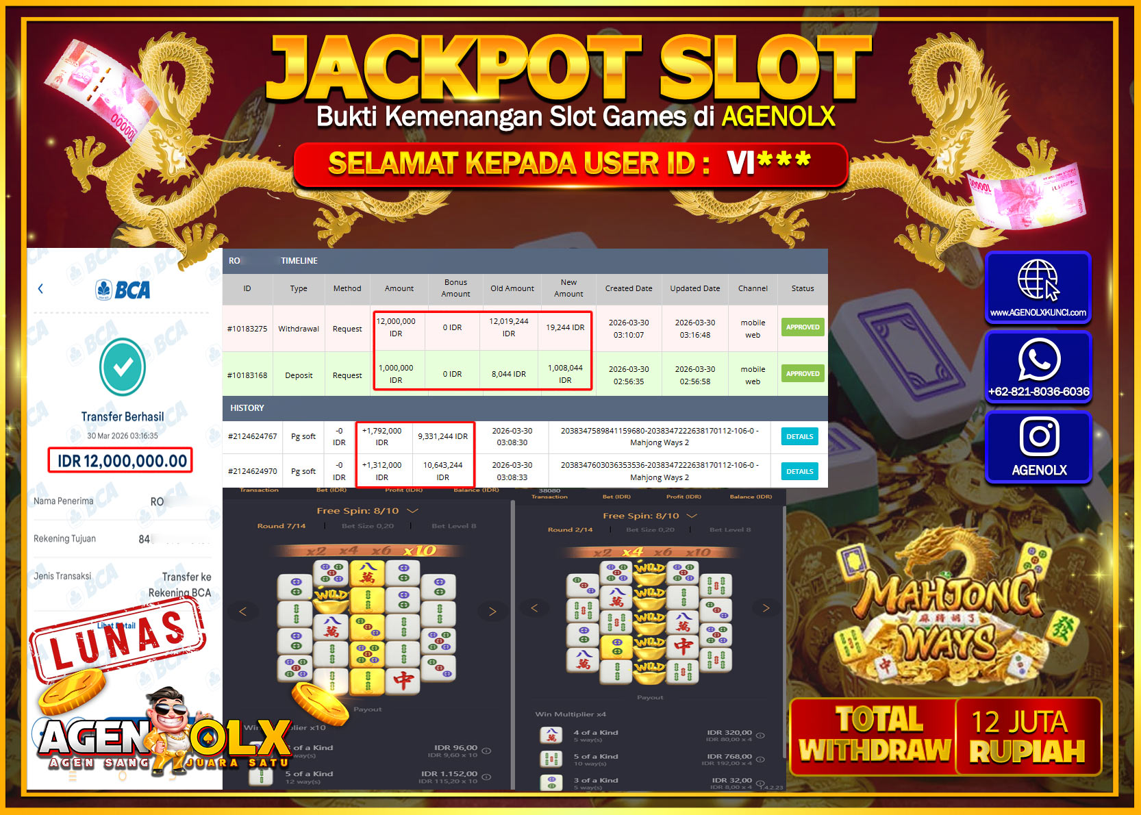 AGENOLX JACKPOT SLOT  PG SOFT MAHJONG WAYS 2 Rp 12.000.000 - LUNAS
