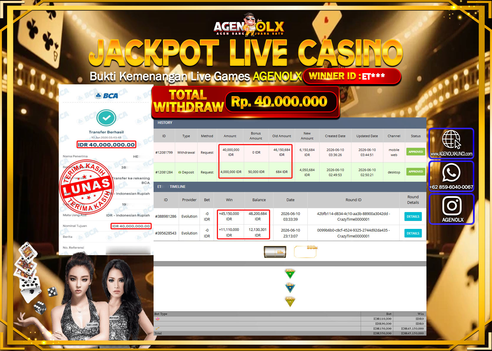 AGENOLX JACKPOT LIVE CASINO CRAZY TIME Rp 40.000.0000- LUNAS