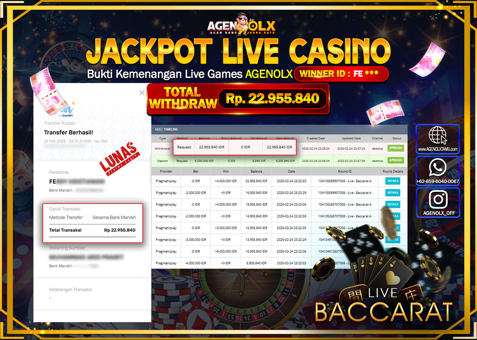 AGENOLX JACKPOT LIVE GAMES BACCARAT Rp 22.955.840,- LUNAS