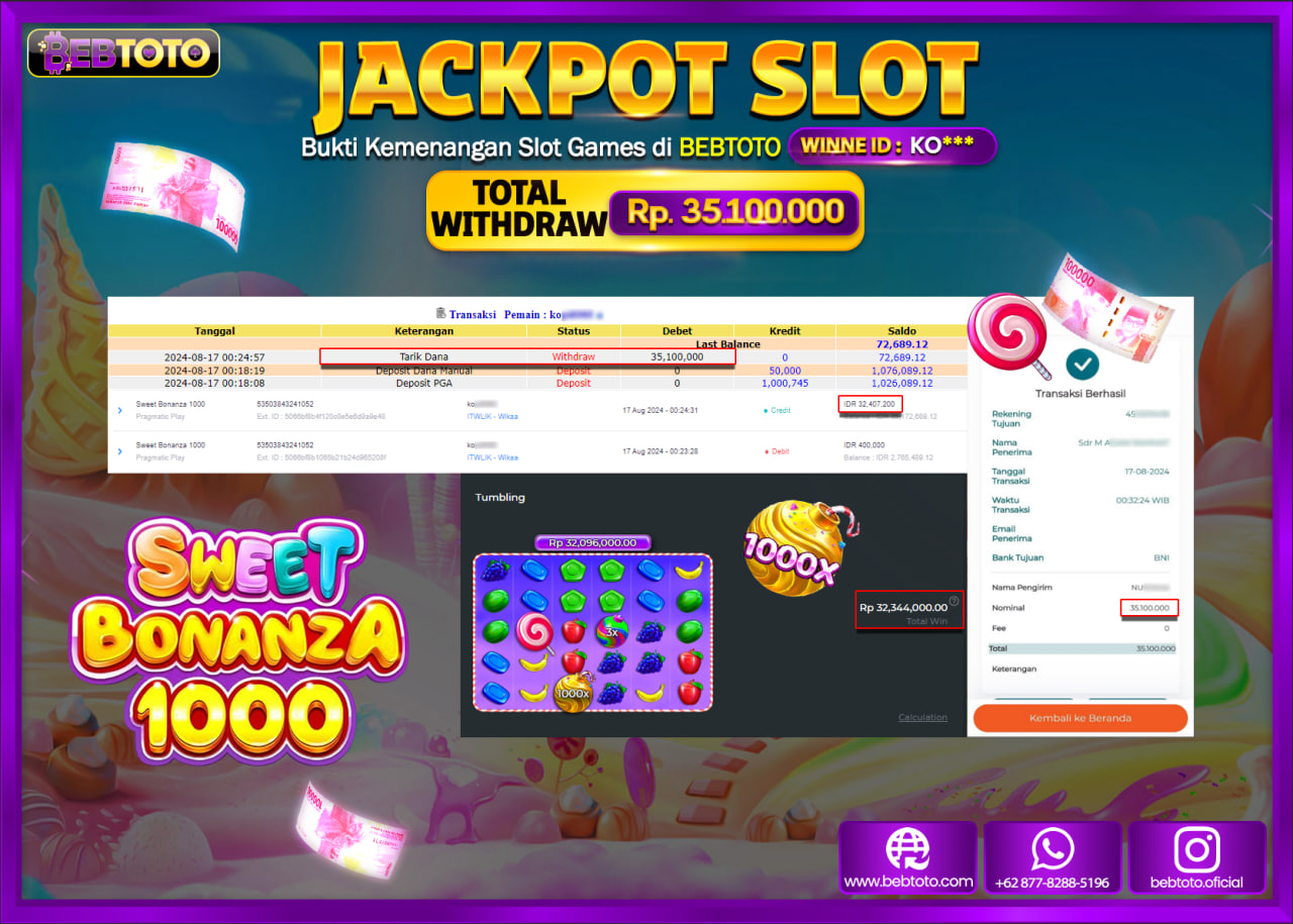 JACKPOT SLOT BEBTOTO Sweet Bonanza 1000 Rp.35.100.000.,- LUNAS