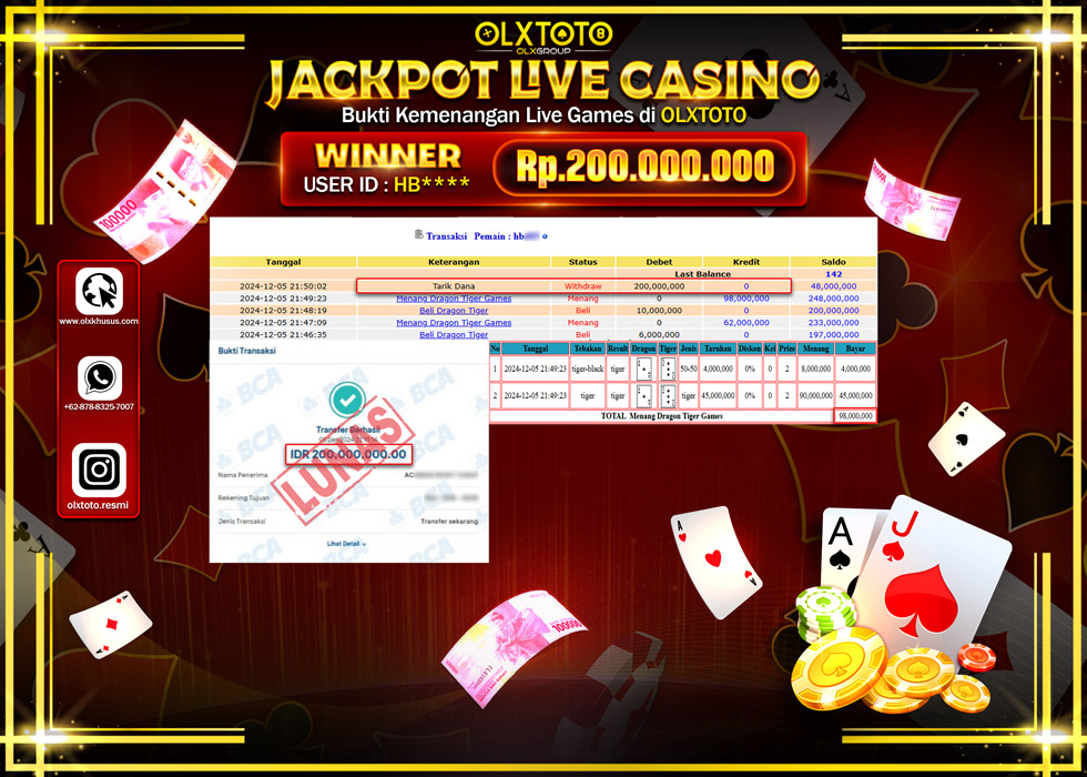 OLXTOTO JACKPOT  LIVE GAMES DRAGON TIGER Rp.200.000.000.,- LUNAS