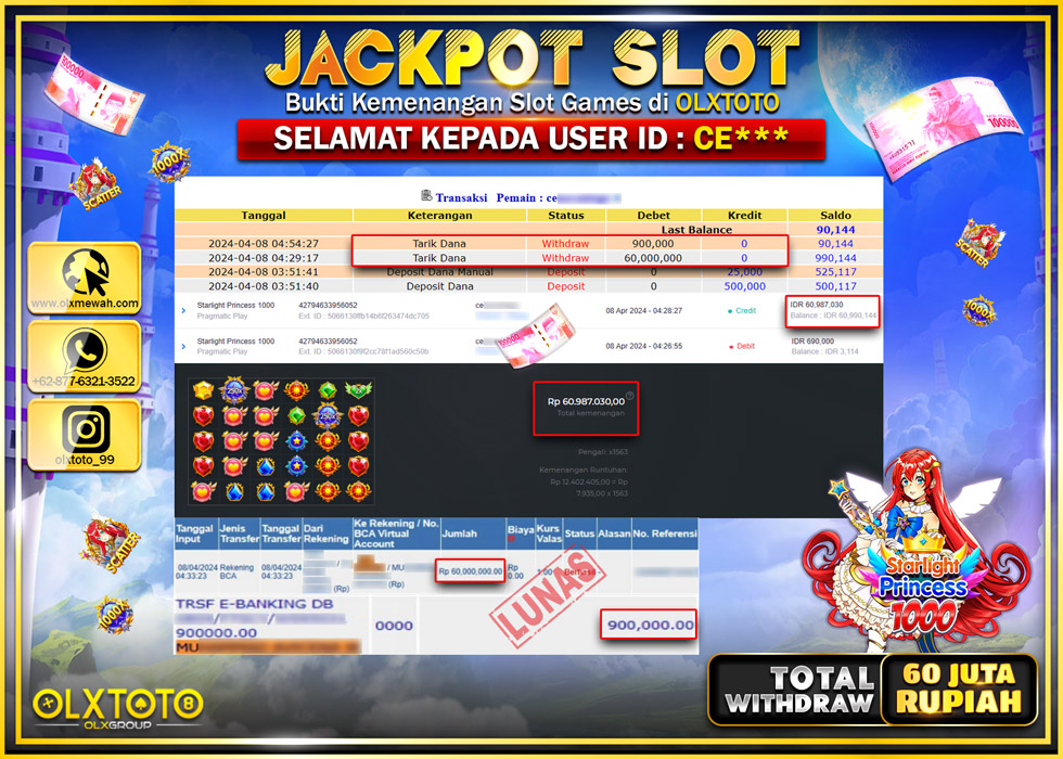 OLXTOTO JACKPOT SLOT STARLIGHT PRINCESS 1000  Rp.60.900.000.,- LUNAS