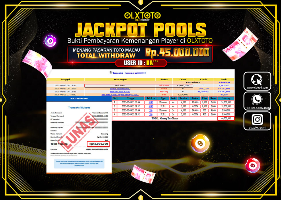 OLXTOTO JACKPOT  TOGEL POOL TOTO MACAU Rp.45.000.000.,- LUNAS