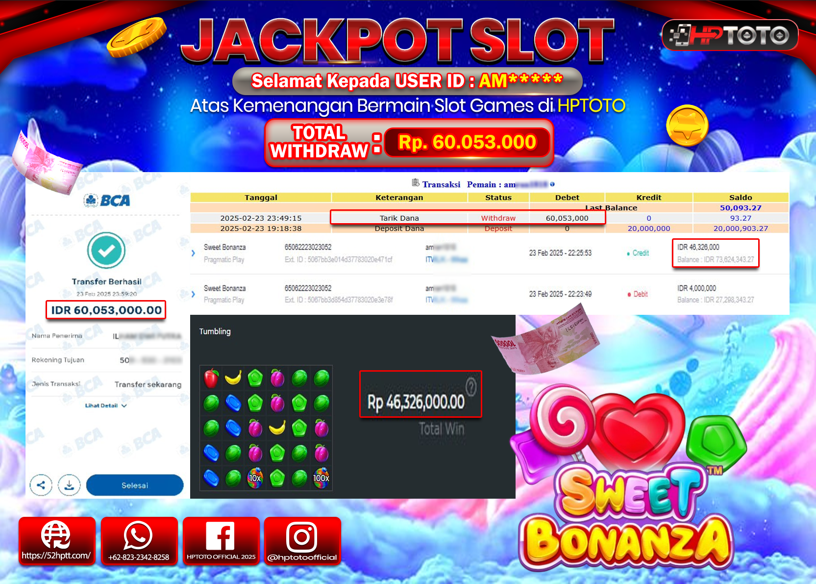HPTOTO JACKPOT SLOT SWEET BONANZA Rp.60.053.000,- LUNAS