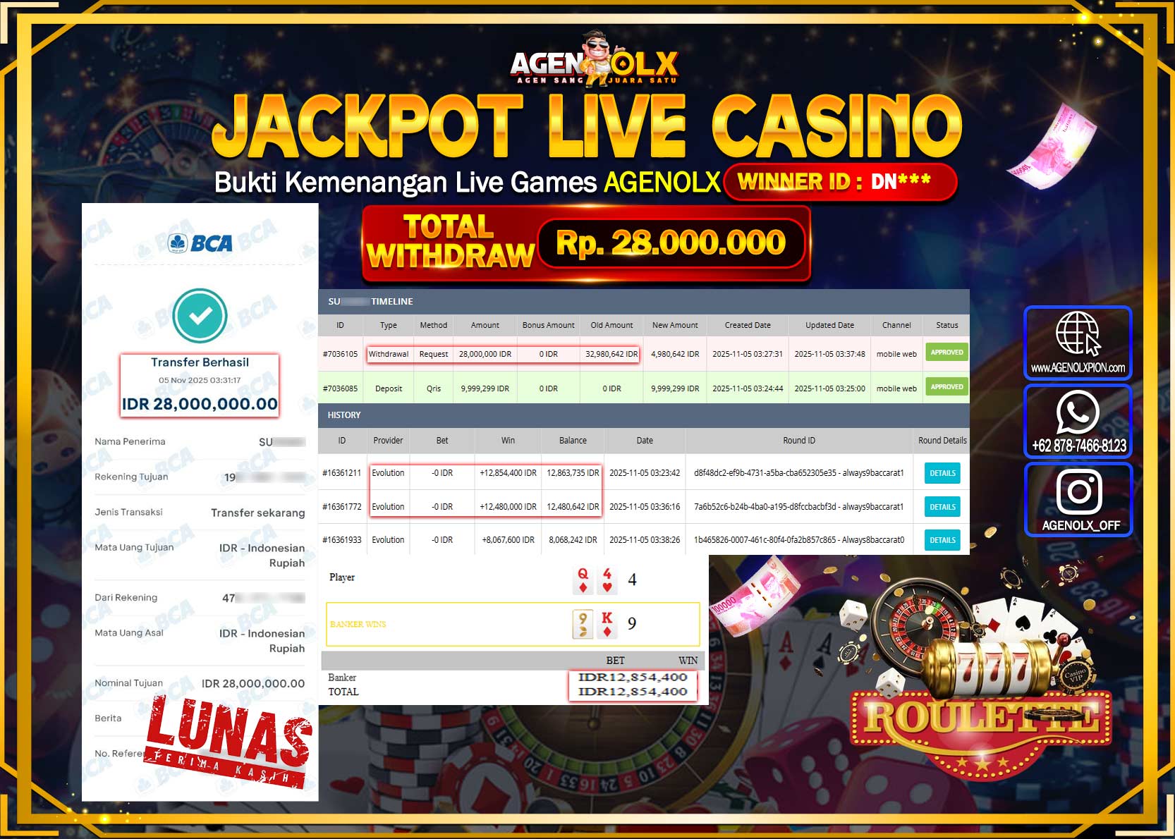 AGENOLX JACKPOT  LIVE CASINO BACCARAT 1 Rp 28,000,000,- LUNAS