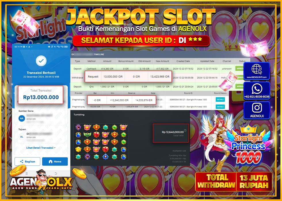 AGENOLX JACKPOT SLOT STARLIGHT PRINCESS Rp 13.000.000,- LUNAS