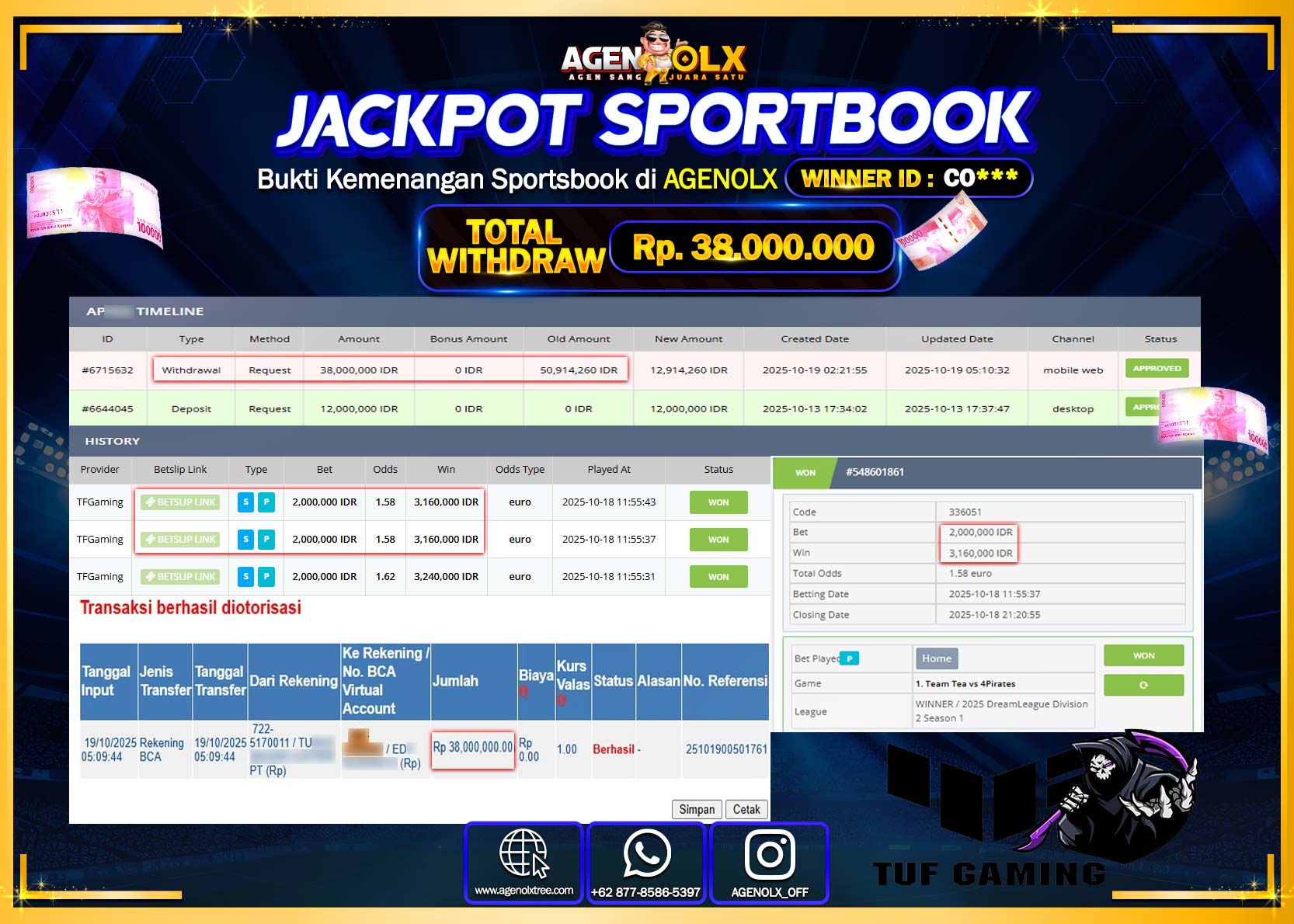 AGENOLX JACKPOT SPOTBOOK TF GAMING  Rp 38,000,000,- LUNAS