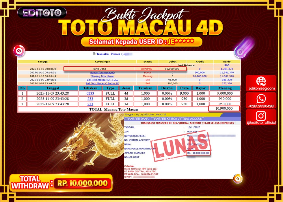 JACKPOT EDITOTO TOGEL PASARAN TOTO MACAU 4D Rp.10.000.000.,- LUNAS 