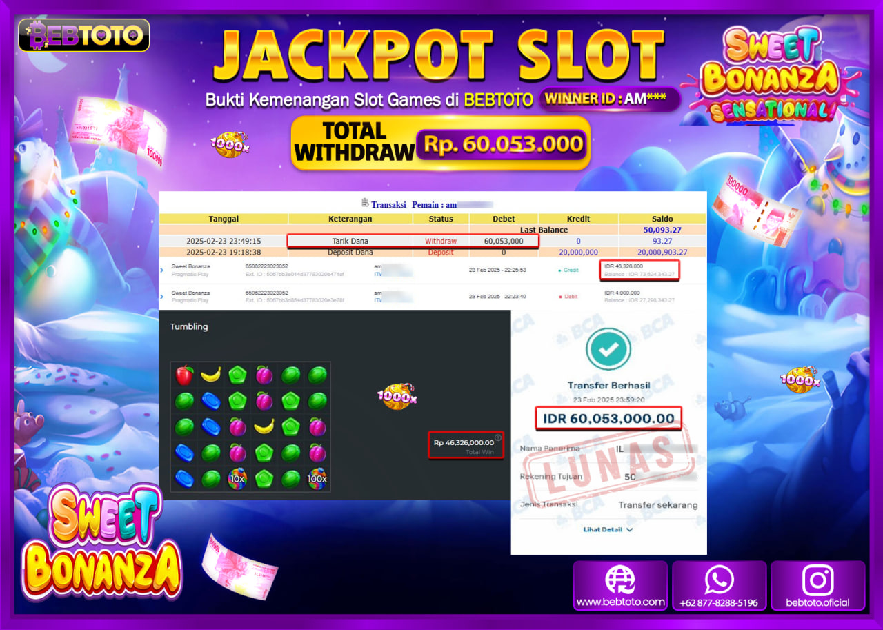 JACKPOT SLOT BEBTOTO SWEET BONANZA Rp.60.053.000.,- LUNAS