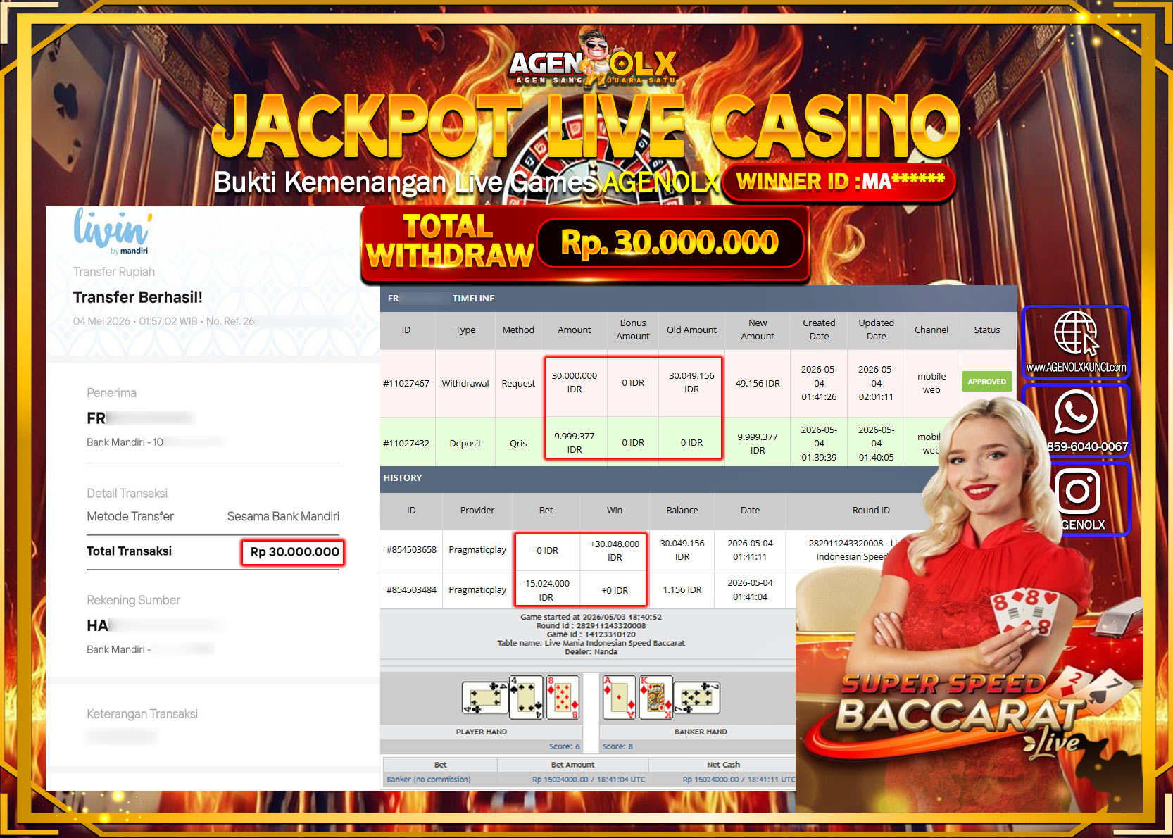 AGENOLX JACKPOT LIVE CASINO INDONESIAN SPEED BACCARAT  Rp 30.000.000 - LUNAS