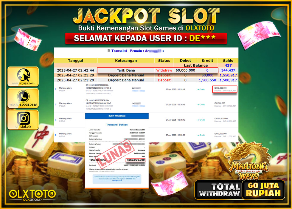BINTANGSLOT77 JACKPOT SLOT MAHJONG WAYS  Rp.60.000.000.,- LUNAS