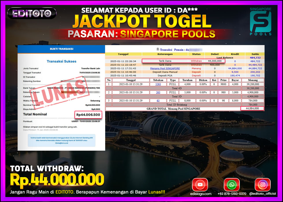 JACKPOT TOGEL PASARAN SINGAPORE POOLS Rp.44.000.000.,- LUNAS