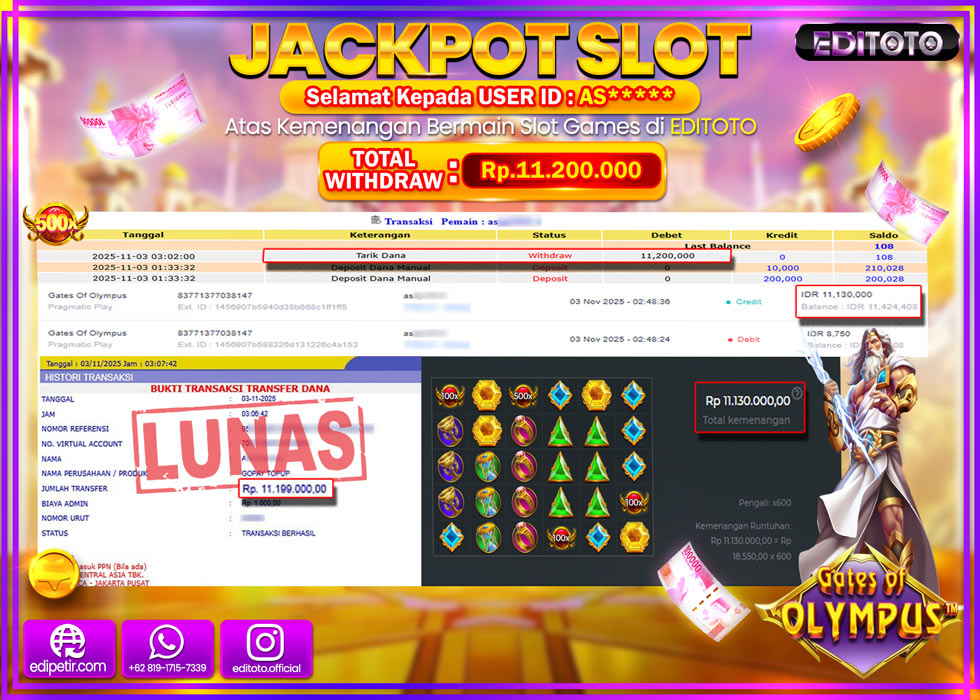 JACKPOT EDITOTO SLOT GATES OF OLYMPUS Rp.11.200.000,- LUNAS