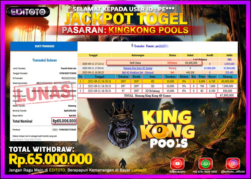 JACKPOT EDITOTO TOGEL PASARAN KINGKONG POOLS Rp.65.000.000.,- LUNAS