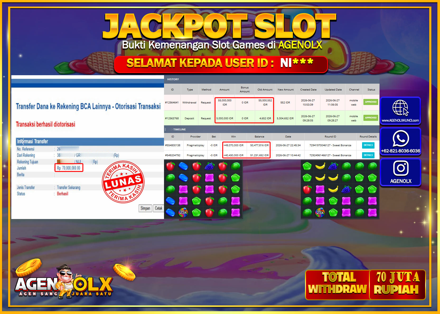 AGENOLX JACKPOT SLOT  SWEET BONANZA  Rp 70.000.000- LUNAS