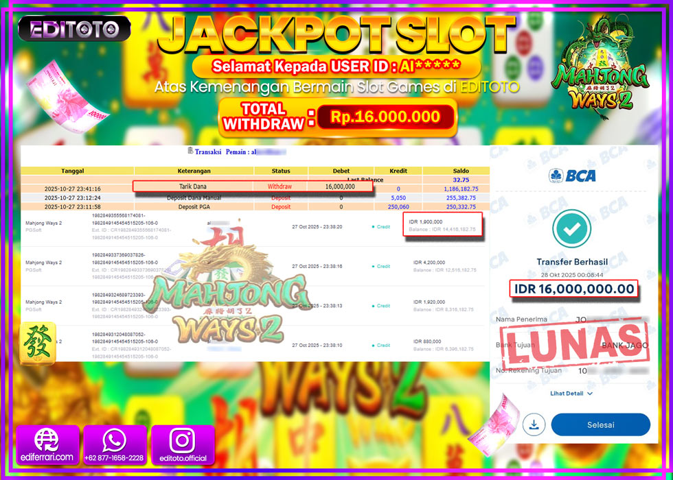 JACKPOT EDITOTO SLOT MAHJONG WAYS 2  Rp.16.000.000,- LUNAS