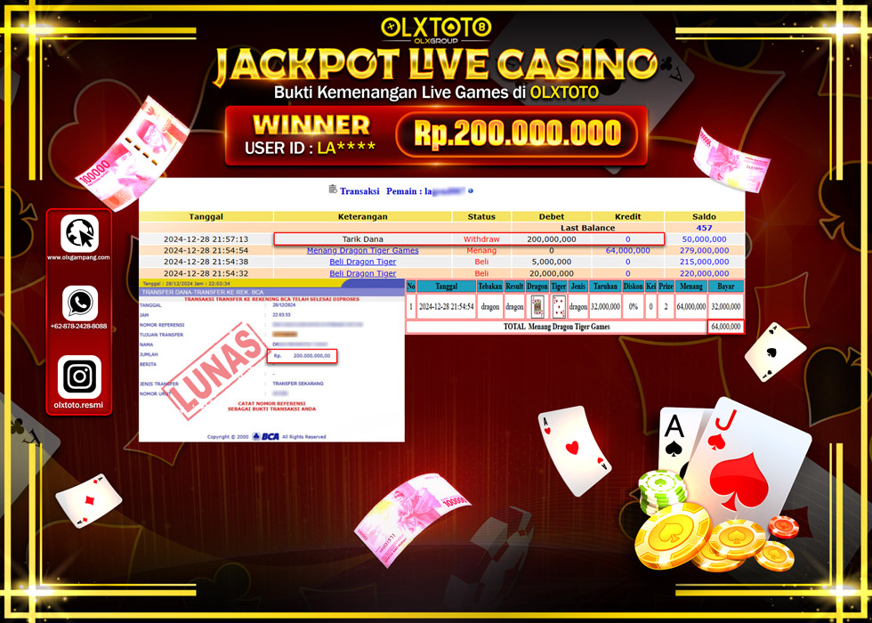 OLXTOTO JACKPOT  LIVE GAMES DRAGON TIGER  Rp.200.000.000.,- LUNAS