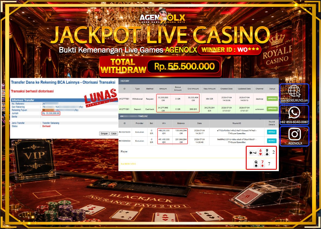 AGENOLX JACKPOT LIVE CASINO SUPER SPEED BACCARAT Rp 55.500.000  - LUNAS