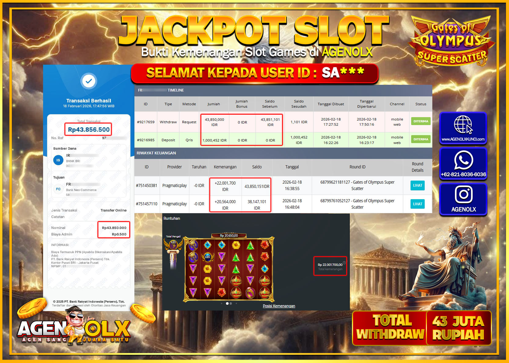AGENOLX JACKPOT SLOT GATES OF OLYMPUS SUPER SCATTER  Rp 43.850.000 - LUNAS  