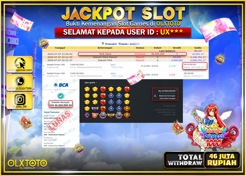 OLXTOTO JACKPOT  SLOT STARLIGHT PRINCESS 1000 Rp.46.000.000.,- LUNAS