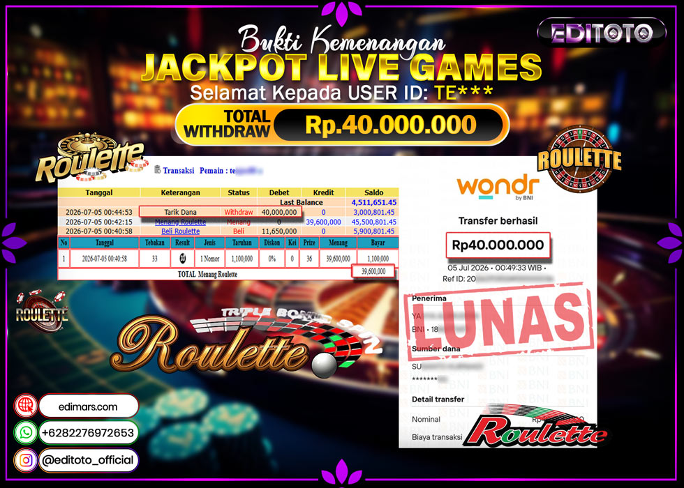 JACKPOT EDITOTO LIVE GAMES ROULLETE GAMES   Rp.40.000.000.,- LUNAS