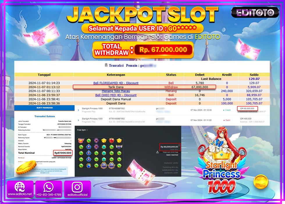 JACKPOT SLOT STARLIGHT PRINCESS 1000 Rp.67.000.000.,- LUNAS