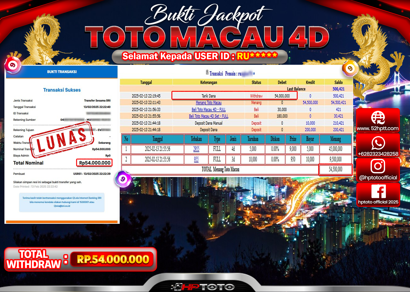 HPTOTO JACKPOT TOGEL PASARAN TOTOMACAU Rp.54.000.000,- LUNAS