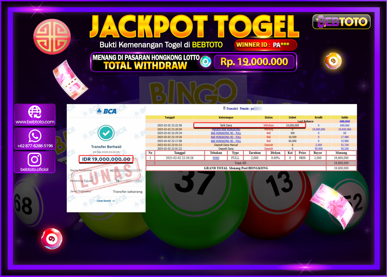 JACKPOT TOGEL BEBTOTO HONGKONG LOTTO Rp.19.000.000.,- LUNAS