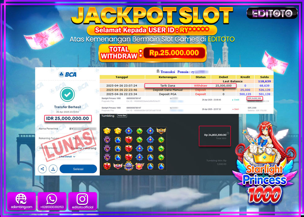 JACKPOT SLOT STARLIGHT PRINCESS 1000 1000 Rp 25.000.000,- LUNAS