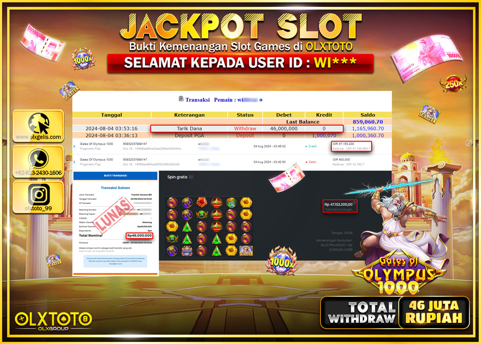 OLXTOTO JACKPOT  SLOT GATES OF OLYMPUS 1000  Rp.46.000.000.,- LUNAS