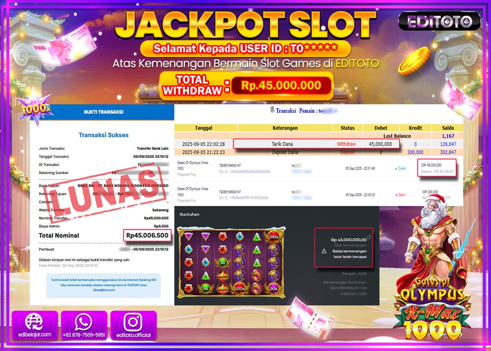 JACKPOT EDITOTO SLOT GATES OF OLYMPUS XMAS 1000 Rp.45.000.000,- LUNAS 