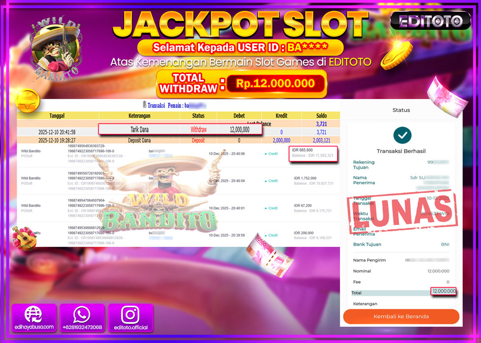 JACKPOT EDITOTO SLOT WILD BANDITO Rp.12.000.000,- LUNAS  