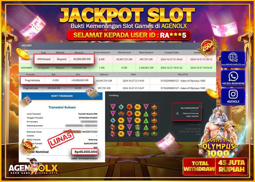 AGENOLX JACKPOT  SLOT GATES OF OLYMPUS 1000  Rp 45.000.000,- LUNAS