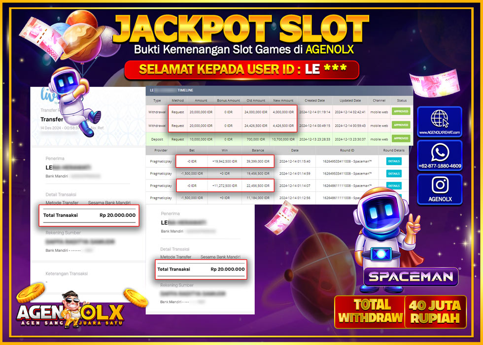AGENOLX JACKPOT ARCADE SPACEMAAN Rp 40.000.000,- LUNAS