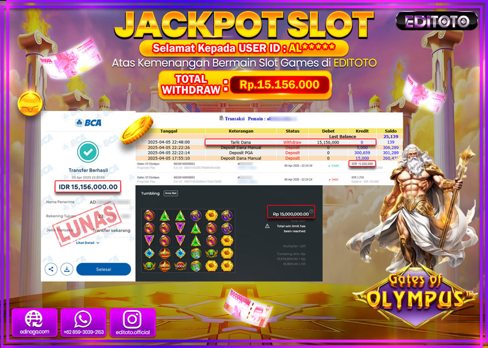 JACKPOT SLOT GATES OF OLYMPUS Rp.15.156.000.,- LUNAS