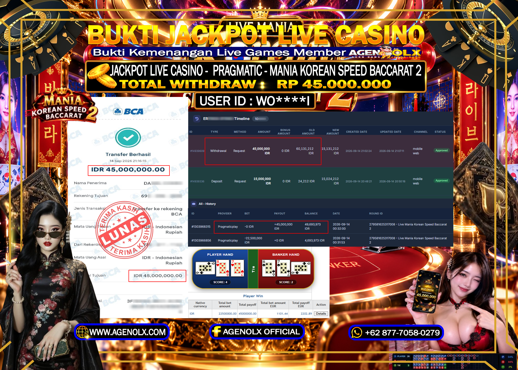 AGENOLX JACKPOT LIVE CASINO PRAGMATIC - MANIA KOREAN SPEED BACCARAT (2)  RP 45.000.000 - LUNAS
