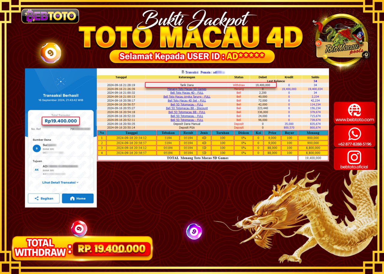 JACKPOT TOGEL BEBTOTO TOTO MACAU 5D POOLS Rp.19.400.000.,- LUNAS