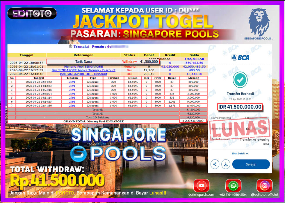 JACKPOT EDITOTO TOGEL PASARAN SINGAPORE POOLS Rp.41.500.000.,- LUNAS