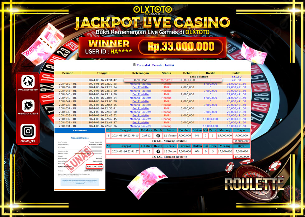 OLXTOTO JACKPOT  LIVE GAMES ROULETTE Rp.33.000.000.,- LUNAS