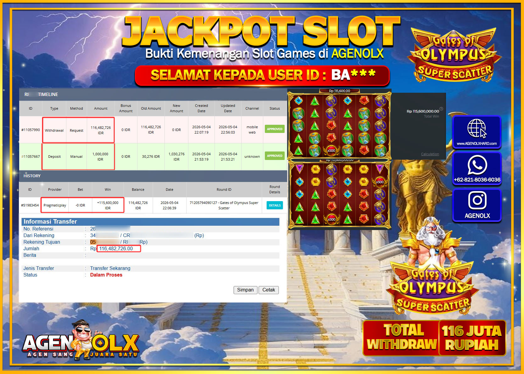 AGENOLX JACKPOT SLOT GATES OF OLYMPUS SUPER SCATTER  Rp 116.482.726 - LUNAS