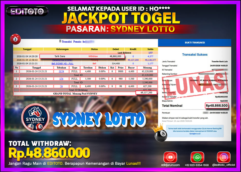 JACKPOT EDITOTO TOGEL PASARAN SYDNEY LOTTO Rp.48.860.000.,- LUNAS 